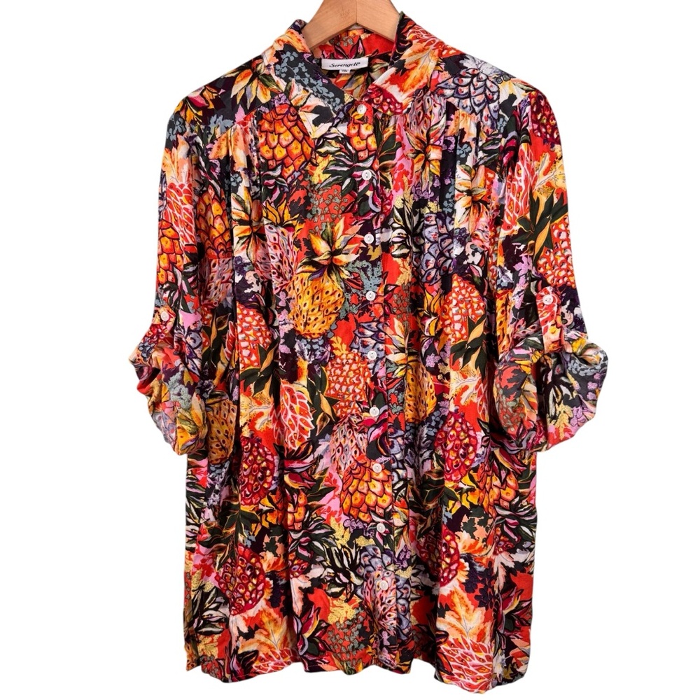 Serengeti VTG Pineapple Floral Print Button Up Shirt Size 1X Multicolor Hawaiian